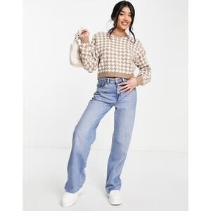 HOLLISTER Sz S Houndstooth Brown White Oversized Crop Very Soft Women’s Sweater